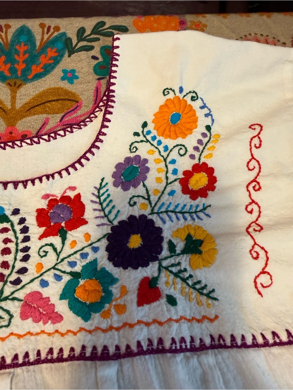 White Embroidered Women’s Peasant Top Mexican Hand Made Floral Yoke XL - Picture 11 of 15